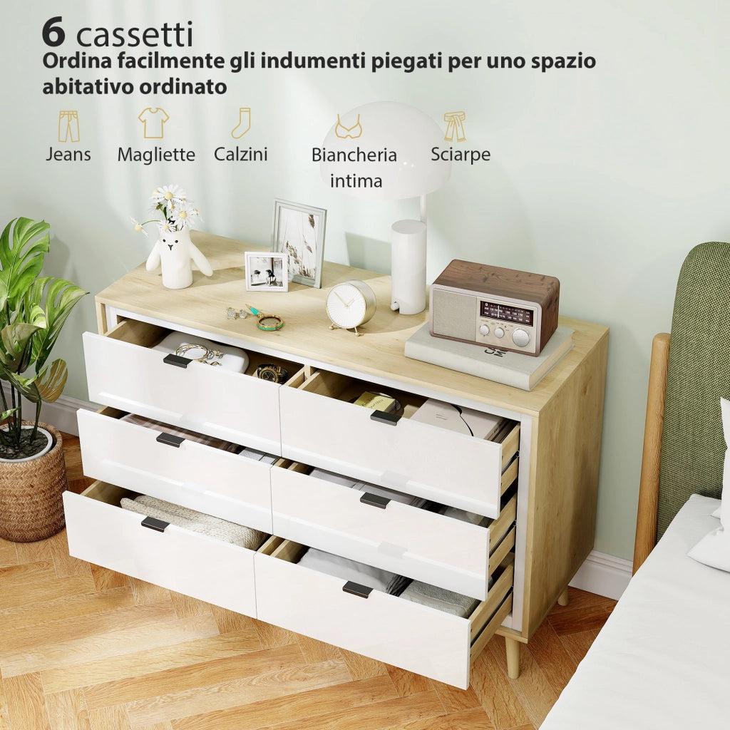 Cassettiera con 6 Cassetti in Legno per Camera da Letto. 110x40x75 cm. Bianco Lucido e Rovere