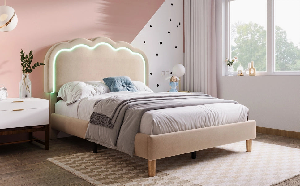 Letto singolo imbottito 90 × 200 cm con testiera LED regolabile in lino beige e rete a doghe