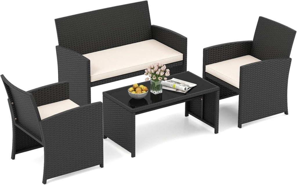 Set Salotto da Giardino 4 Pezzi, Divanetto e Poltrone in Rattan con Tavolino da Caffè in Vetro Temperato, Set di Mobili da Esterno Imbottiti per Cortile, Veranda e Bordo Piscina (Bianco)