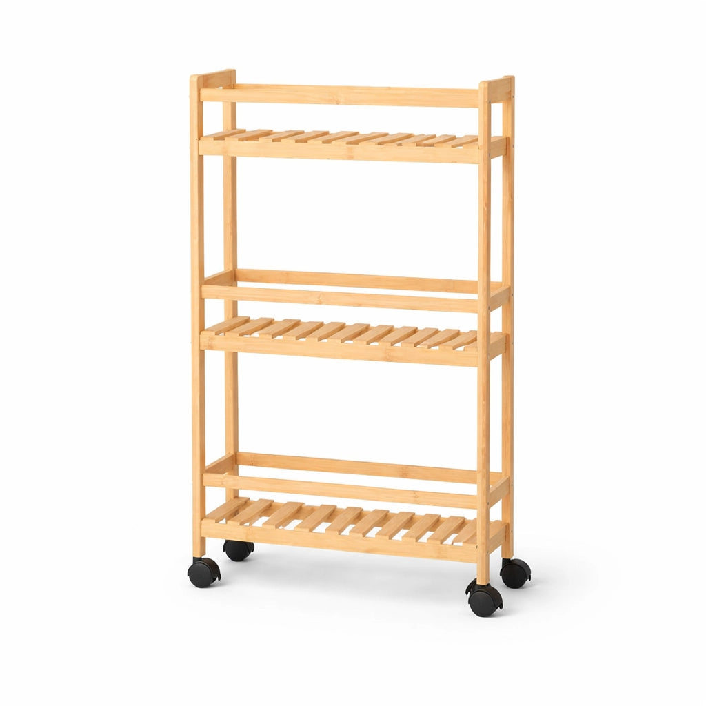 Carrello in Legno Bambù Slim 3 Ripiani con Ruote 45x22 h80 Cucina Bagno Ufficio