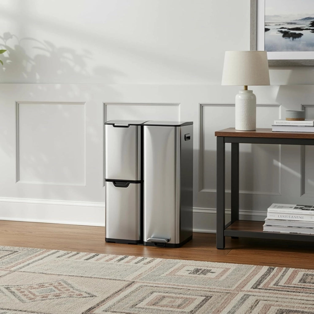 Pattumiera a 3 scomparti, sistema di raccolta differenziata da 60 l (30 + 17 + 13 L) con coperchio Softclose, pattumiera da cucina in acciaio inox, metallo, secchio interno rimovibile con