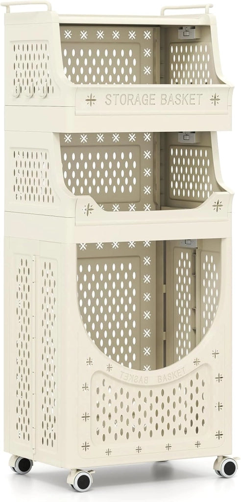 Carrello portabiancheria con 4 ruote e 6 ganci, cesto 40 L, design pieghevole, contenitore per biancheria e organizer per bagno, camera da letto, dormitorio, lavanderia (82 litri, con