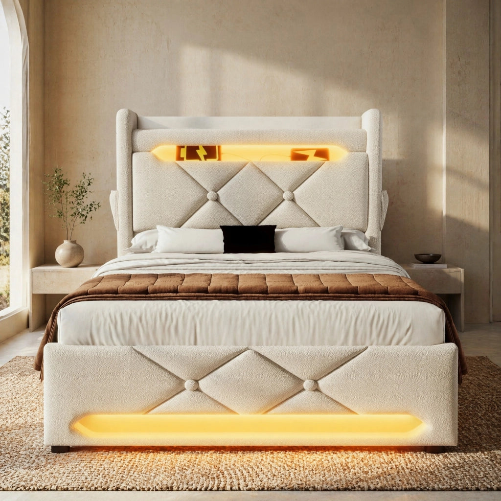 Letto singolo 90x200 cm in lino beige con LED; contenitore idraulico; USB e materasso