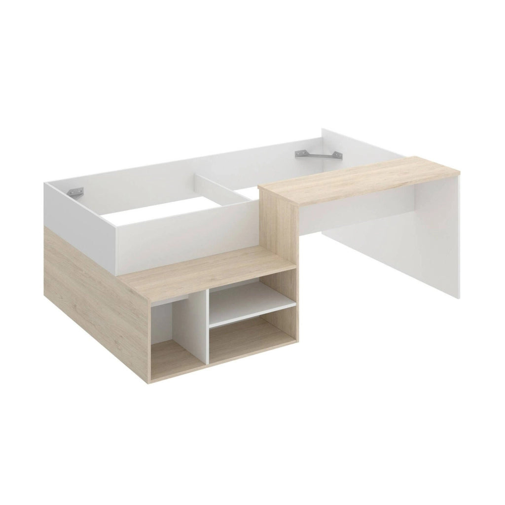 Letto per bambini Argh, Lettino singolo per cameretta, Set con scrivania e scaffali, 195x134h73 cm, Bianco e Rovere
