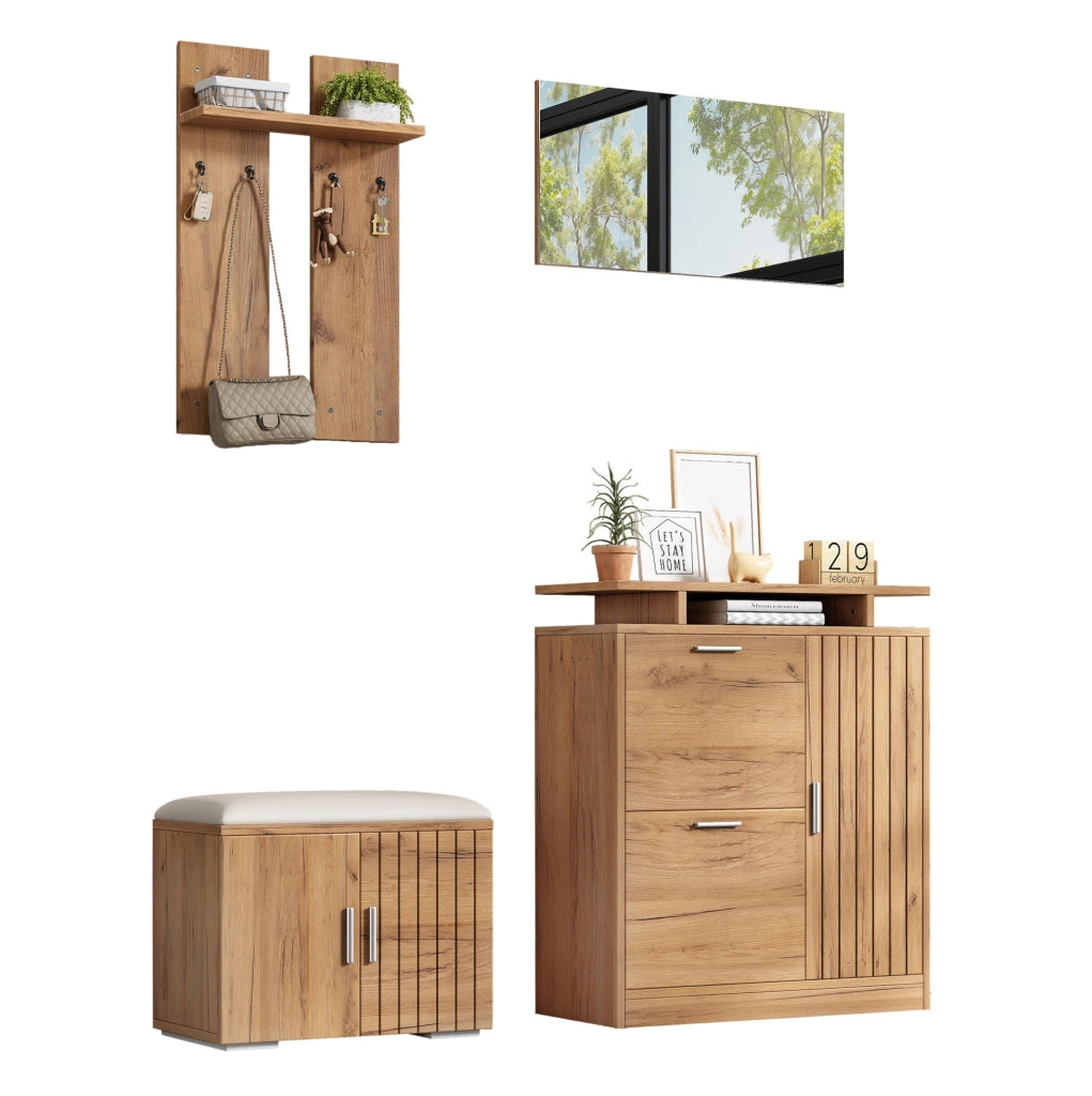 Set ingresso con panca, scarpiera e specchio effetto legno