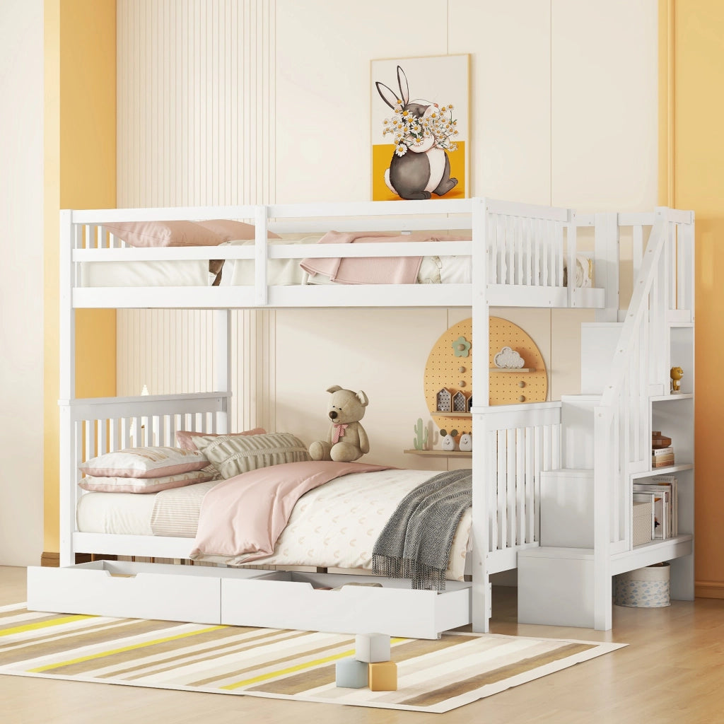 OKWISH Letto a Castello 140×200 cm, Letto Matrimoniale con Scala con Ripiani, 2 Cassetti e Sponde Alte, senza Materasso, Bianco