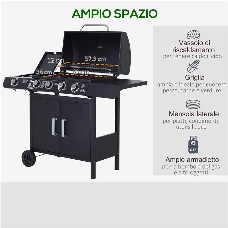 BARBECUE A GAS A 5 FORNELLI CON RIPIANI LATERALI E ARMADIETTO IN ACCIAIO E PP 125X51X100 CM NERO