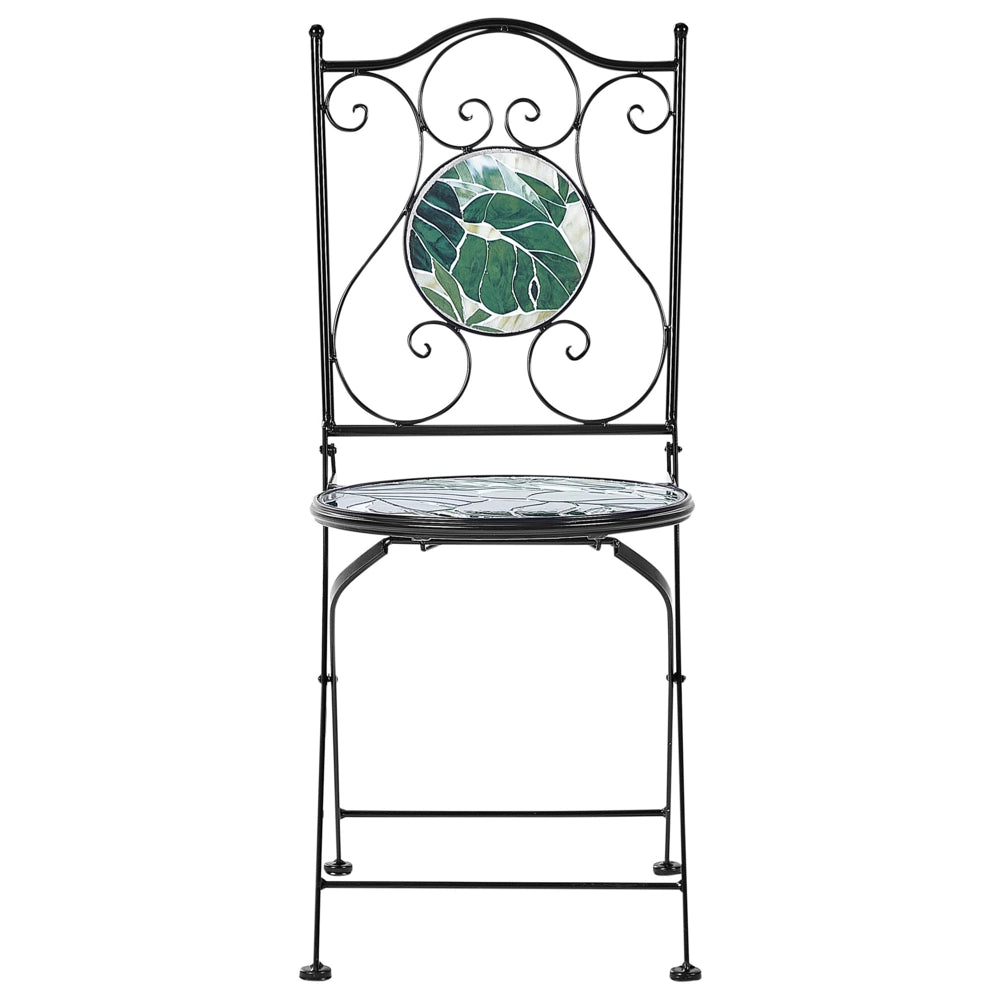 Set di 2 sedie da esterno in metallo pieghevoli con motivo a mosaico verde e struttura in ferro nero stile vintage