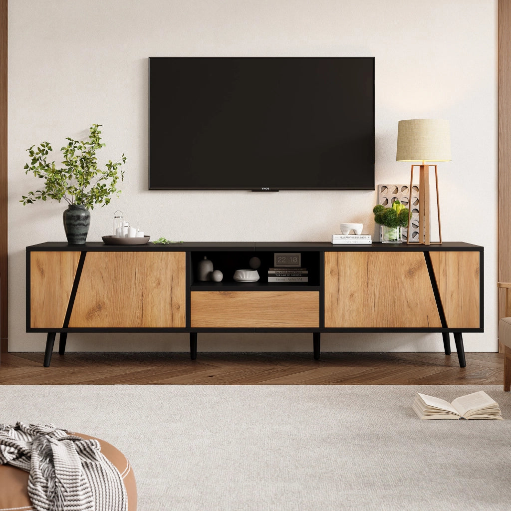 OKWISH Mobile TV con 2 Ante, 1 Cassetto e 1 Vano Aperto, per Soggiorno, 180 x 40 x 46 cm, Nero e Naturale