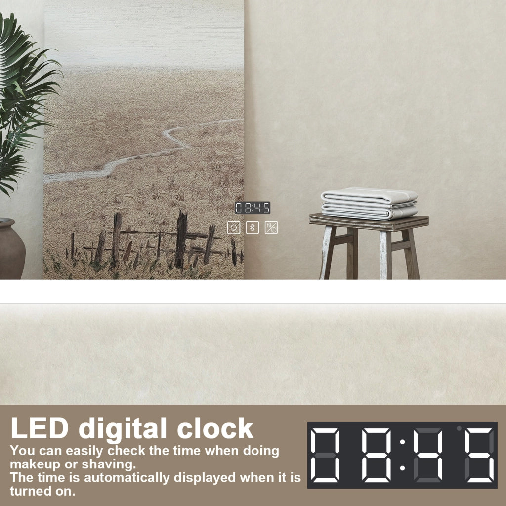 Specchio bagno Rettangolare 120x70cm Led Con 3 Luci Bluetooth + Orologio + Antiappannamento