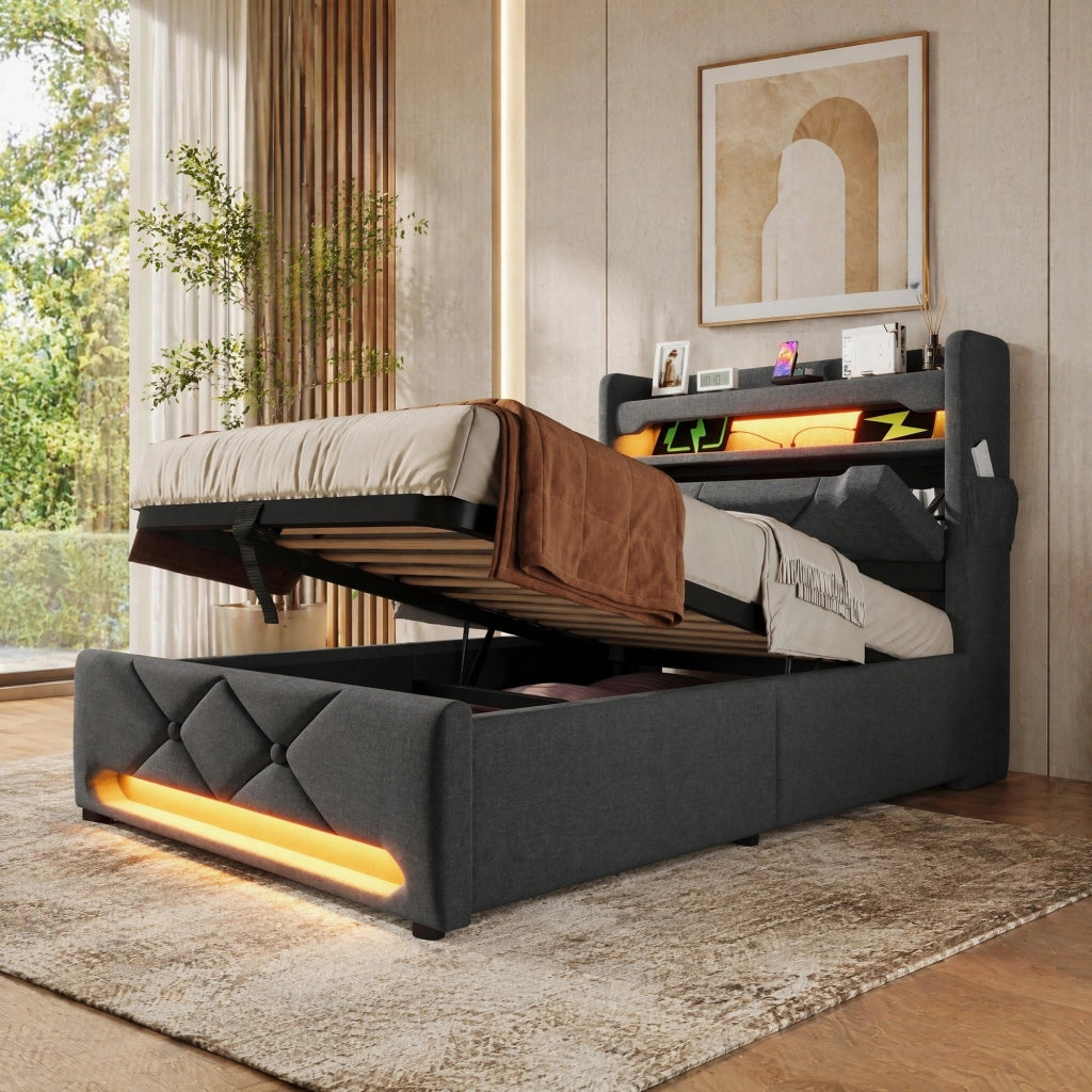 Letto singolo 90x200 cm in lino grigio con LED 360°, testiera con USB e materasso incluso