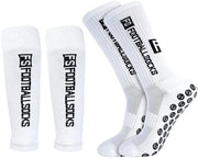 Calze da calcio con ginocchiere, 2 pezzi (1 coppia di calze lunghi e 1 coppia di calze compressi), bianchi, per bambini e adulti