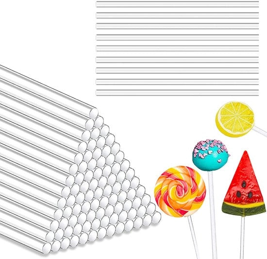 Stecchi per dolci in acrilico trasparente, 100 pezzi, 10 cm, facilmente pulibili e riutilizzabili.