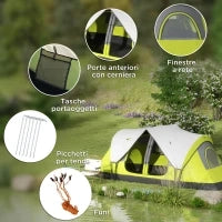 Tenda da Campeggio 6 posti con 2 Spazi Separati, in Poliestere e Fibra di Vetro, 450x215Px180 cm, Verde