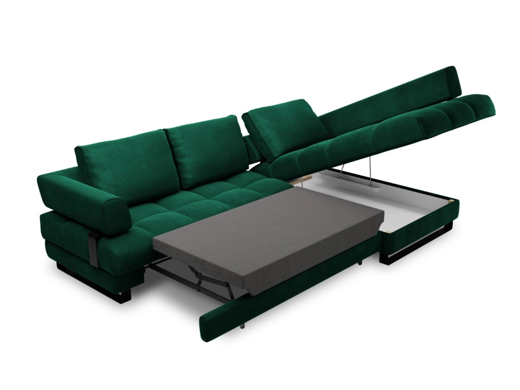 Cosmopolitan Design - Divano convertibile angolare destro con contenitore "Clinton" 5 posti in velluto verde bottiglia 