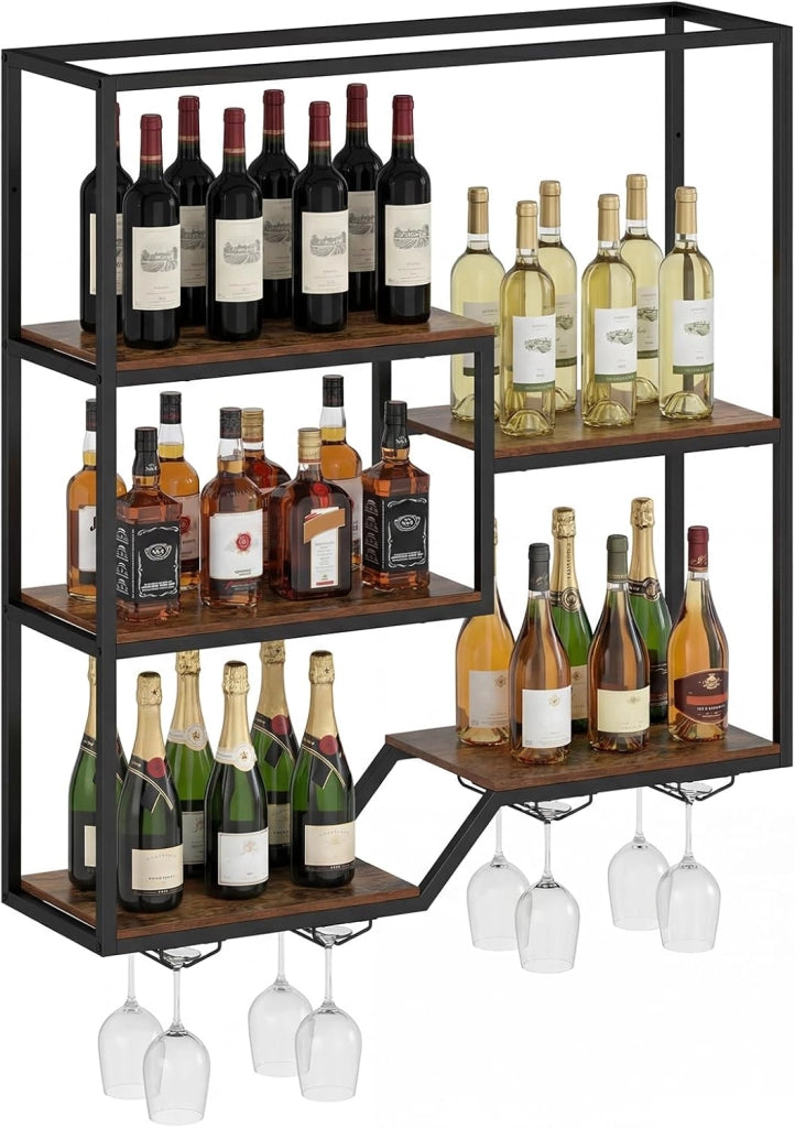 Portabottiglie da Parete, Portabottiglie di Vino Industriale in Metallo e Legno con 6 Mensole a Doppio Lato, Espositore Cantinetta Sospeso per Bar, Cucina e Ristorante, 102 x 30 x 112 cm