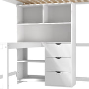 Letto a soppalco 140×200 cm con scrivania; 3 cassetti; ripiani e barriera di sicurezza; senza materasso; bianco