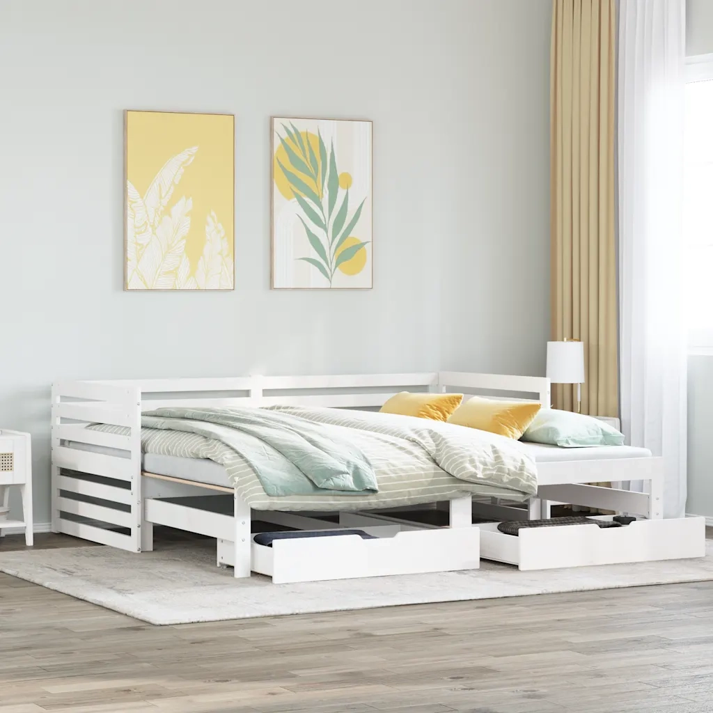 Letto singolo | Letto per adulti | Dormeuse con Cassetti Bianco 90x200 cm Legno Massello di Pino