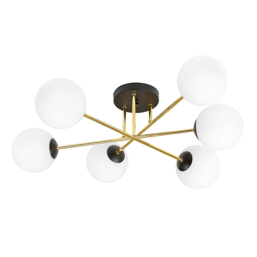 Lampada a sospensione Magnum in acciaio nero e oro con sfere in vetro bianco