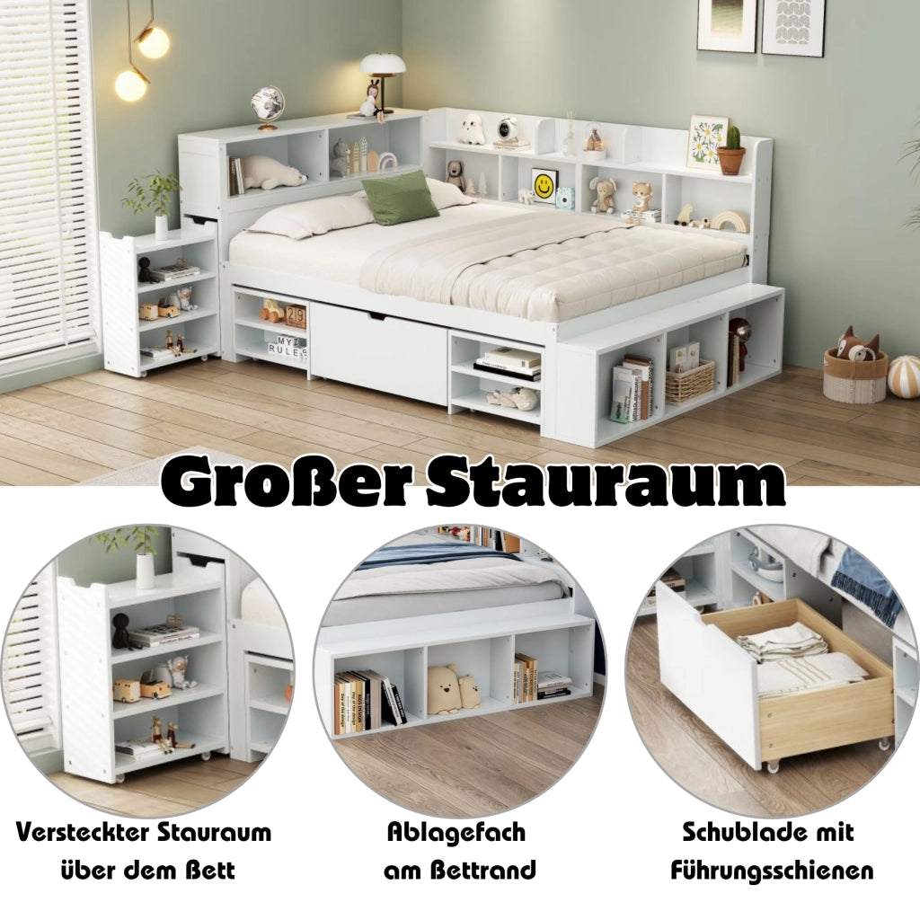 Letto per Bambini 140x200 cm; Letto Singolo - Cassetti; Libreria e Armadi - Bianco