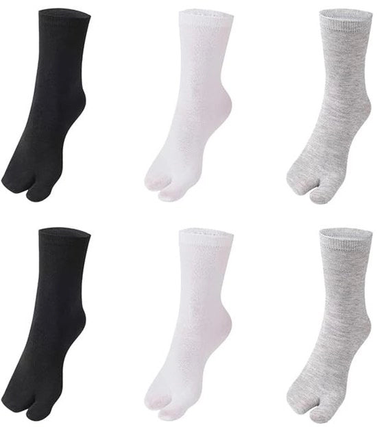 Sokke 6 Paar - Tipo Tabi - Sokke con Cuscinetto Diviso - Sokke in Cotone Elastico - Spandex Respirante - Nero/ Bianco/Grigio - Cintura Comoda
