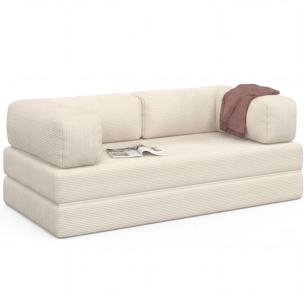 IDMarket - Divano a 3 posti diritto trasformabile NATOU in velluto a coste beige