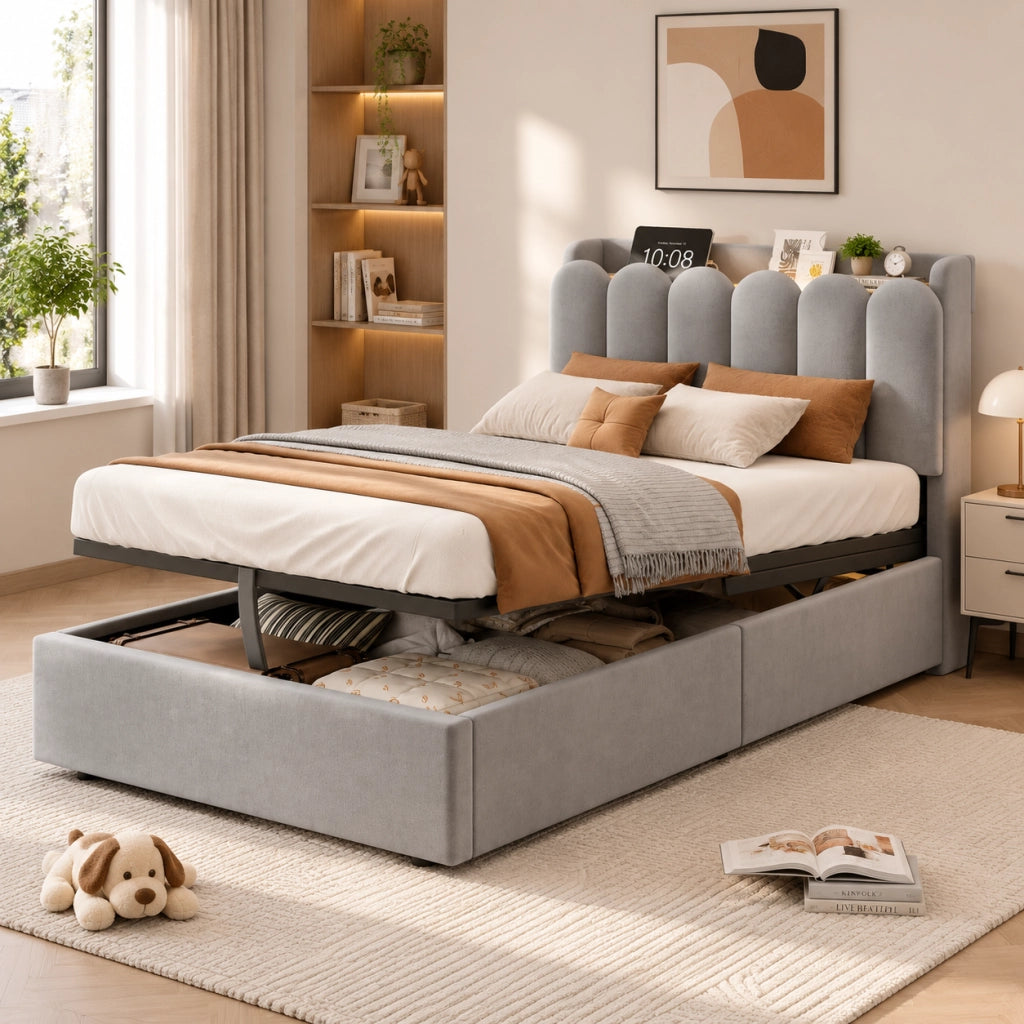 Letto Singolo 90x200 cm; Contenitore; USB e Type-C; Luce Notturna; in Velluto Grigio