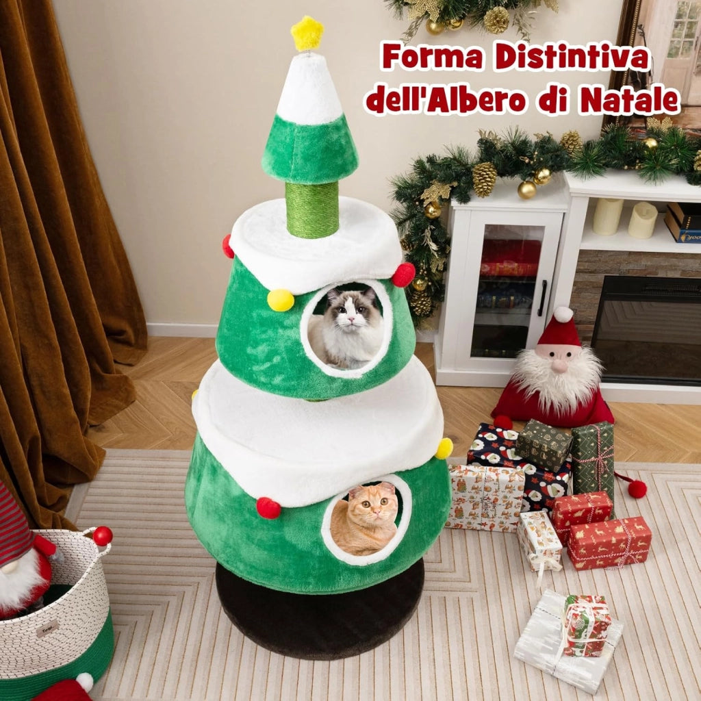 Albero di Natale per Gatti da Interno, Tiragraffi per Gatti Alta 153 cm con 2 Condomini, Giocattolo a Molla e Letti Rimovibili, Mobile per Animali per Decorazioni Natalizi (70 x 70 x 153 cm)