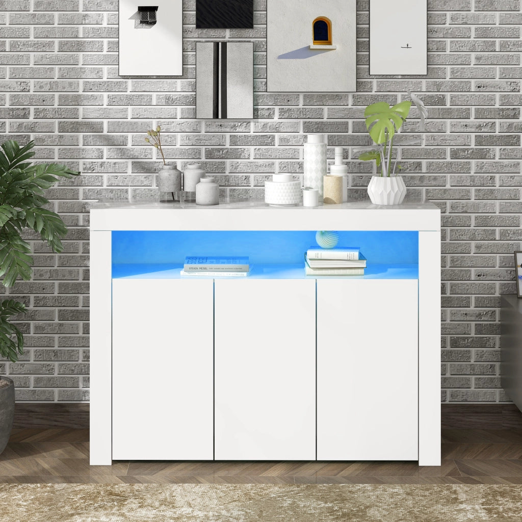 Credenza Bianca Lucida con LED Mobile Buffet 3 Ante 130x35x95 cm