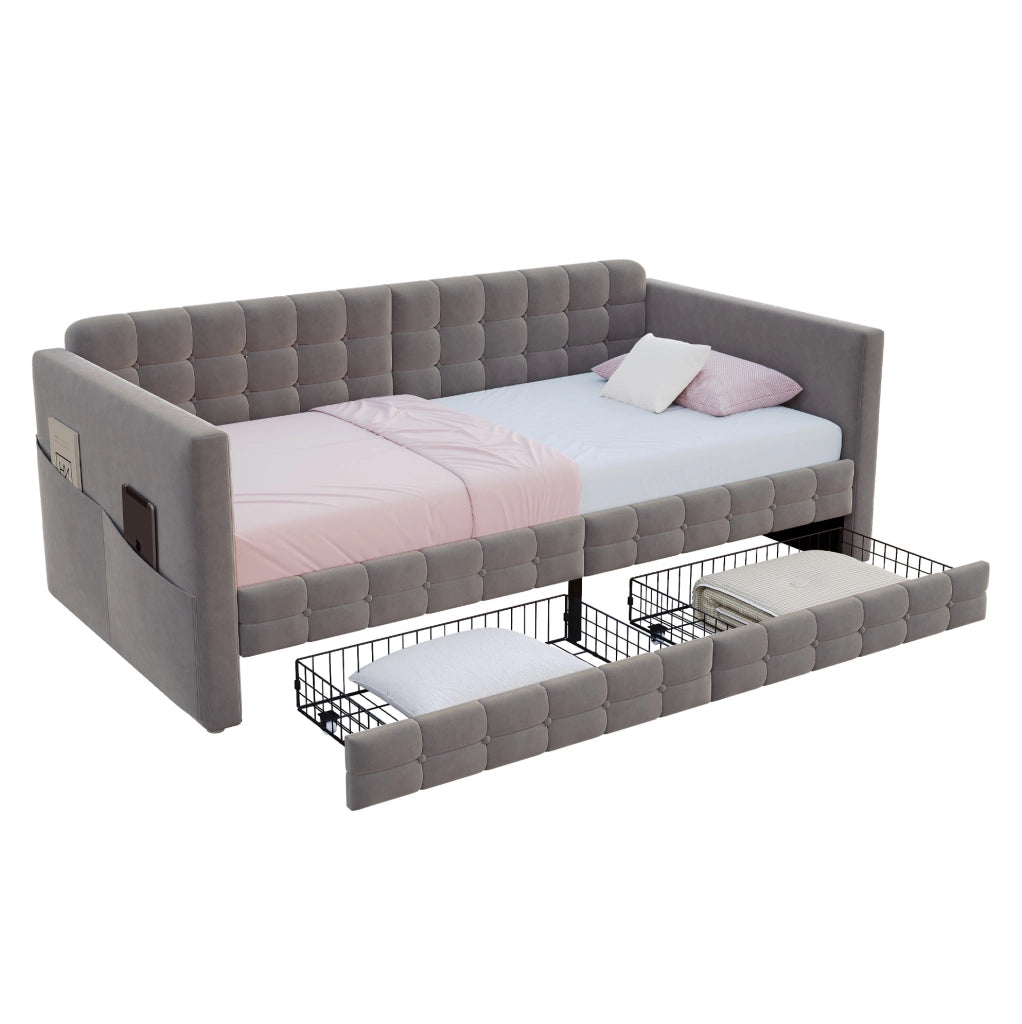 Letto singolo imbottito ULEVR 90x190 cm con 2 cassetti e tasche laterali, velluto grigio