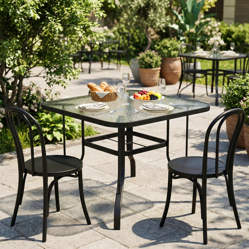 Tavolo da Giardino Quadrato a 4 Posti con Piano in Vetro e Foro per Ombrellone ?43 mm, Nero