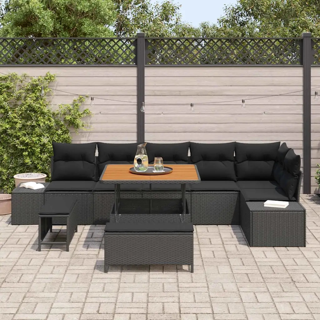 Set Divano da Giardino con cuscino 9 pcs Nero Poly Rattan