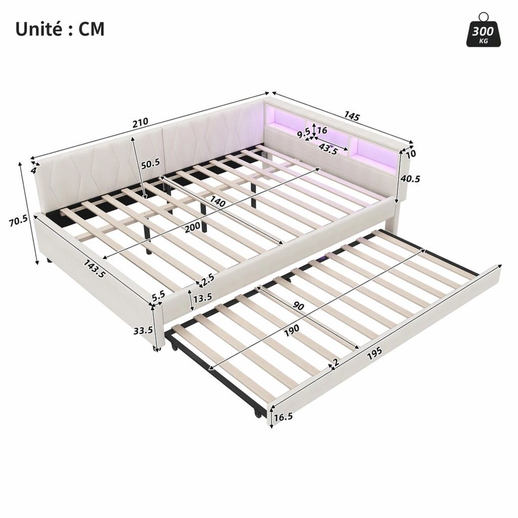 DESMIU Divano letto 140 × 200 cm 2 posti con USB, Type-C, LED, ripiani, senza materasso, in lino e MDF, beige