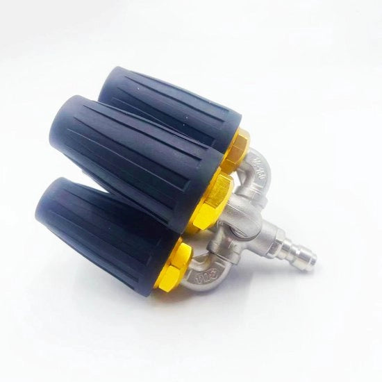 Pistola per irrigazione ad alta pressione con testa di aspersione rotante in lega di alluminio con connessione di tubo di acqua in acciaio inox a quattro vie (nero)