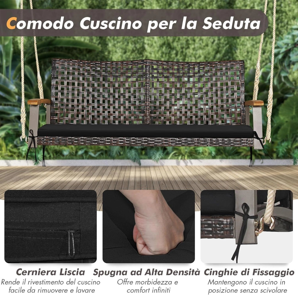 Dondolo Sospeso per Esterno a 2 Posti, Altalena da Giardino con Cuscino, Sedia Sospesada Gairdino con Braccioli, per Portico, Capacità di carico di 360 kg (Nero)