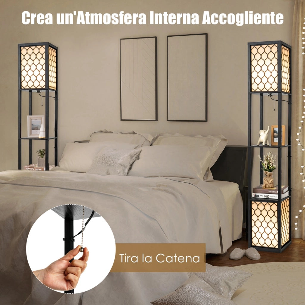 Lampada a stelo e scaffale moderno con interruttore a pedale e a catena, Doppia lampada con 2 ripiani di legno