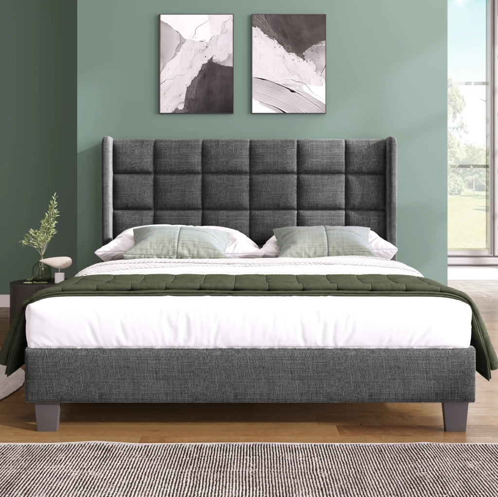 Letto matrimoniale imbottito 140x200 cm in lino grigio con testiera alta e rete a doghe