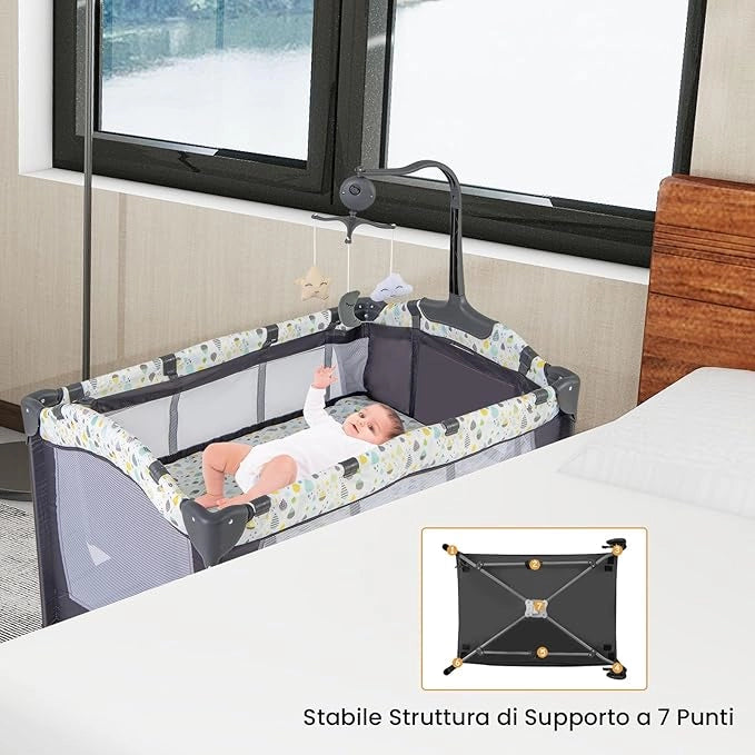4 in 1 Lettino da Campeggio per Bambini, Lettino Pieghevole con Materasso, Box Bambini Portatile con Borsa, Culla Lettino con Fasciatoio, Ruote, Portata 15 kg, 102 x 72 x 74 cm (Grigio+Beige)