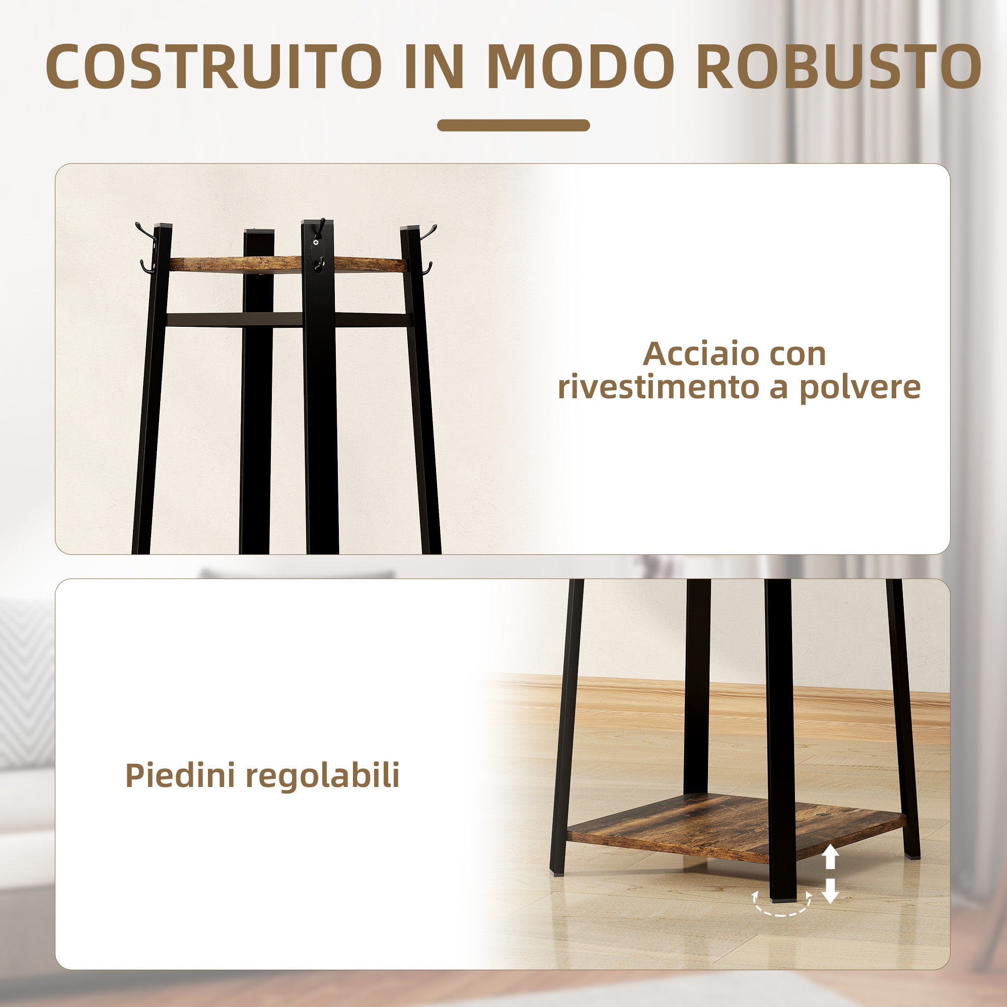 Appendiabiti da Terra 34x34x170 cm con 8 Ganci e 4 Ripiani in MDF Marrone