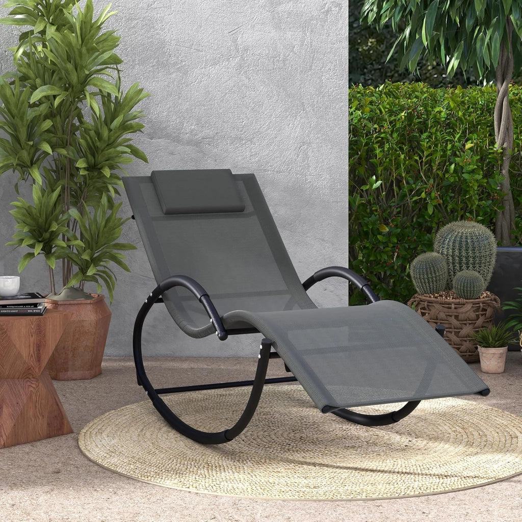 Sdraio a Dondolo da Giardino, Sedia a Dondolo Gravità Zero con Poggiatesta Rimovibile, Braccioli, Schienale e Seduta Traspiranti, Sdraio Solare per Patio, Giardino, Portata 160 kg (Grigio)