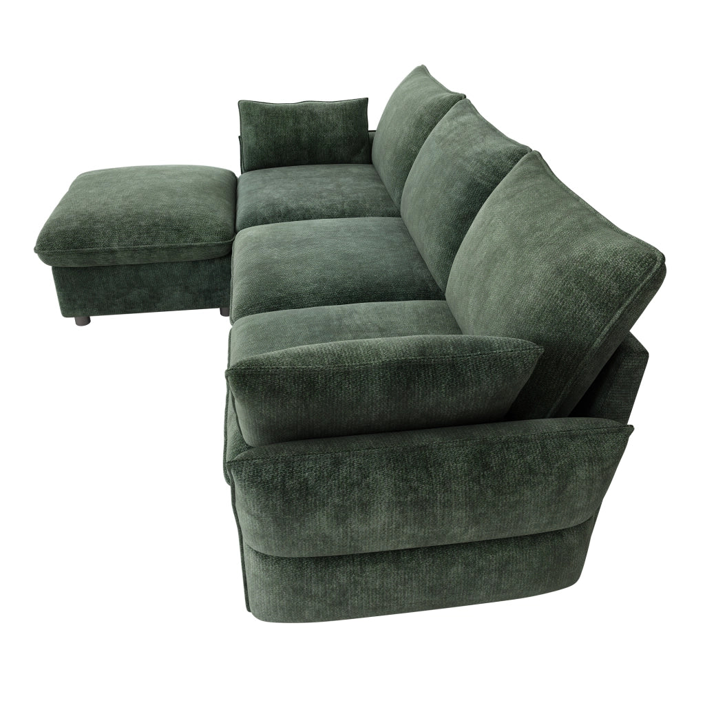 Divano angolare con pouf e 2 cuscini in ciniglia per soggiorno e appartamento verde scuro 222,5 × 154,5 × 76,5 cm