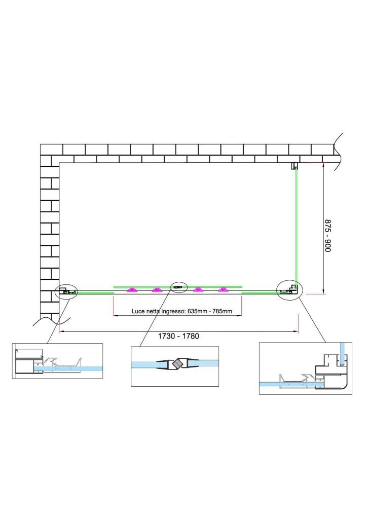 Box doccia 6 mm H 190 parete fissa e porta a 4 ante con apertura centrale MISURA 87,5-90 ANTA FISSA + PORTA 173-178