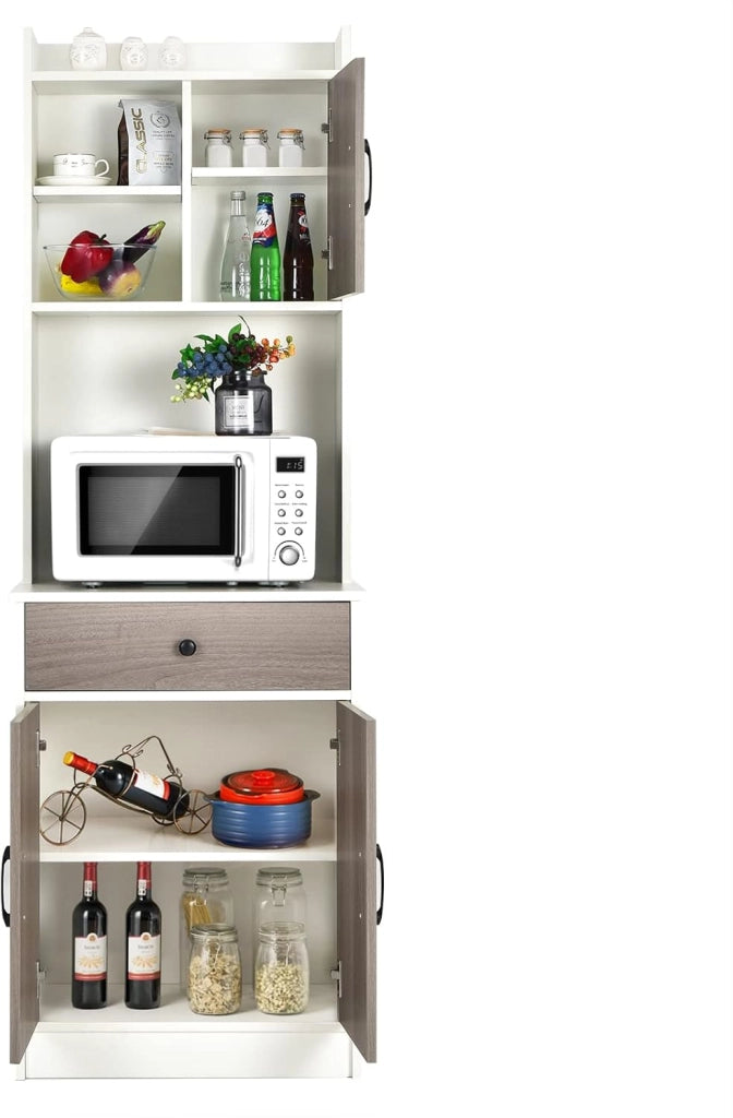 Credenza Alta da Cucina 180 cm, Mobile Cucina Dispensa con Fori Cavi, Mobile Buffet con Ripiano Regolabile, 3 Ante e Cassetto, per Soggiorno, Sala da Pranzo, Bagno, 60 x 40 x 180 cm (Bianco)