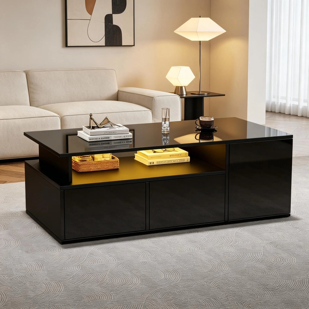 Tavolino da salotto 100 x 50 x 35 cm con LED, 2 cassetti e ampio spazio contenitivo, nero lucido