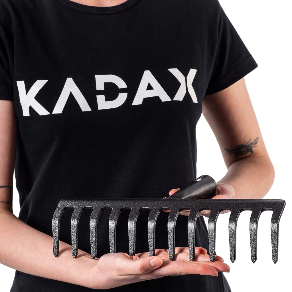 Rastrello per foglie in acciaio KADAX a 12 denti, senza manico, per terra ed erba.