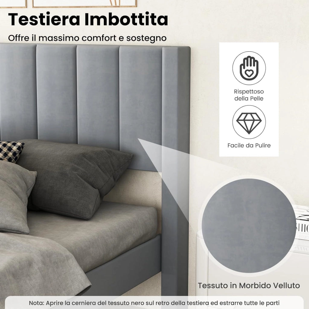 Struttura Letto Imbottito Matrimoniale 140x200 cm, Letto Piattaforma Imbottito, con Testiera in Morbido Tessuto di Velluto e Supporto a Doghe di Legno, Silenzioso, Carico 250kg (Stile 4)