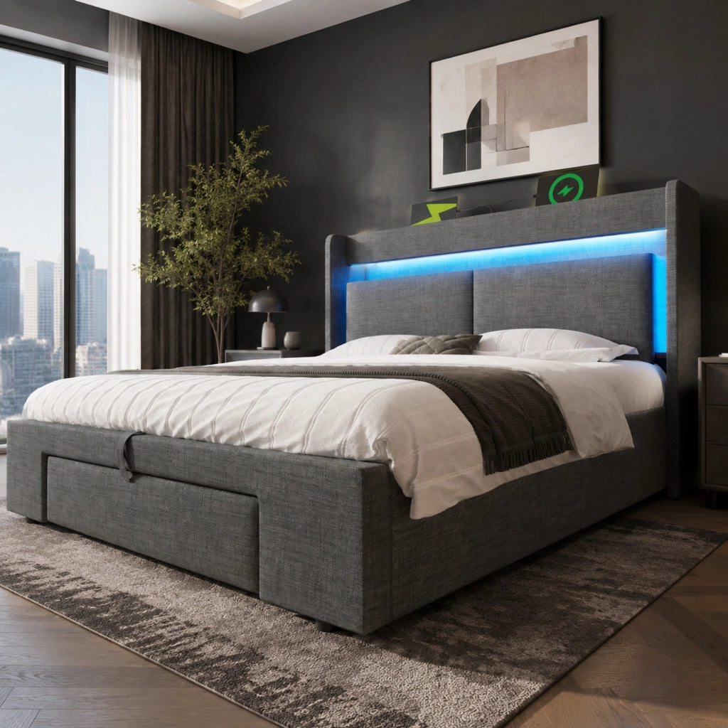 Letto matrimoniale imbottito 160x200 cm con contenitore idraulico, LED, USB e USB-C, grigio