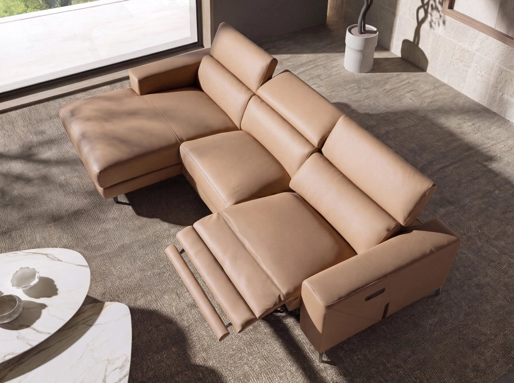 Divano chaise longue relax sinistra in pelle marrone