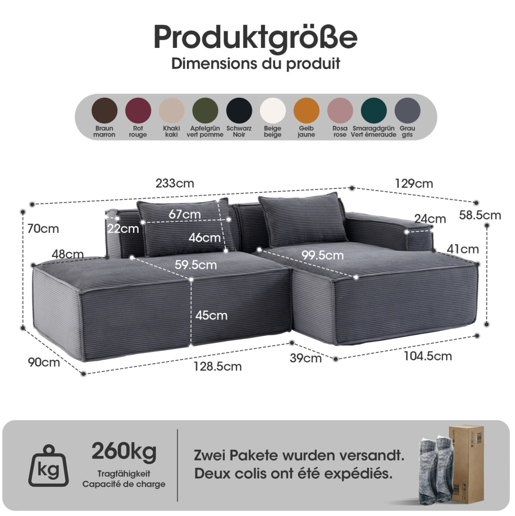 Divano imbottito in poliestere grigio largo 235 cm HOMVRA