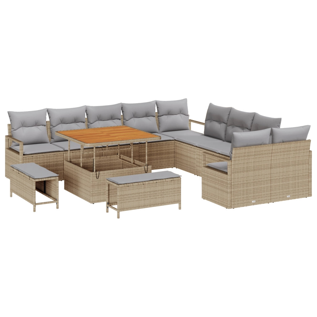 Set di Divani da Giardino  in 13 Pezzi con Cuscini Beige Polyrattan Acacia